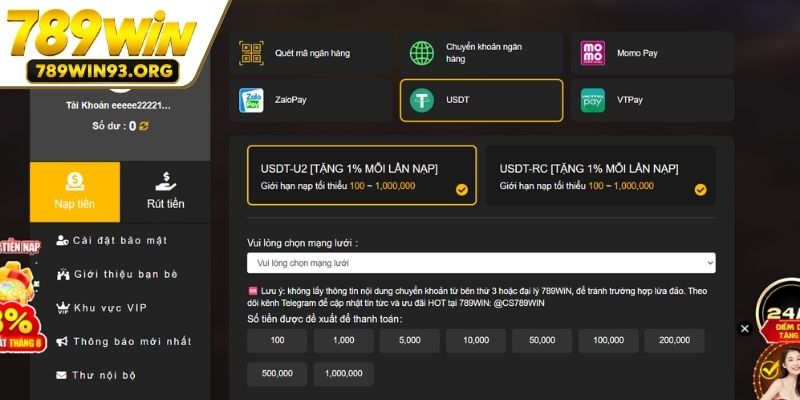Lưu ý khi người dùng giao dịch nạp tiền 789Win